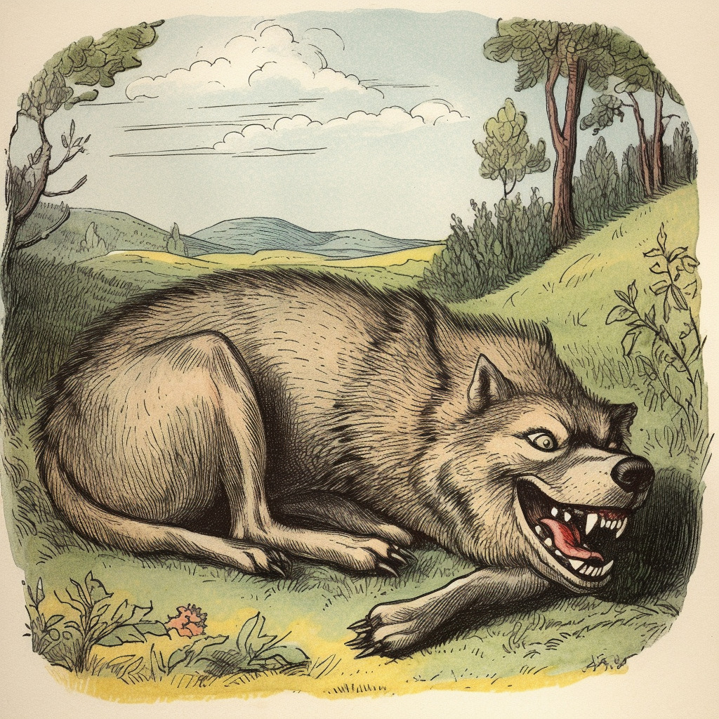 Der Wolf und die sieben jungen Geißlein im Haus. Grimms Märchen Illustration.