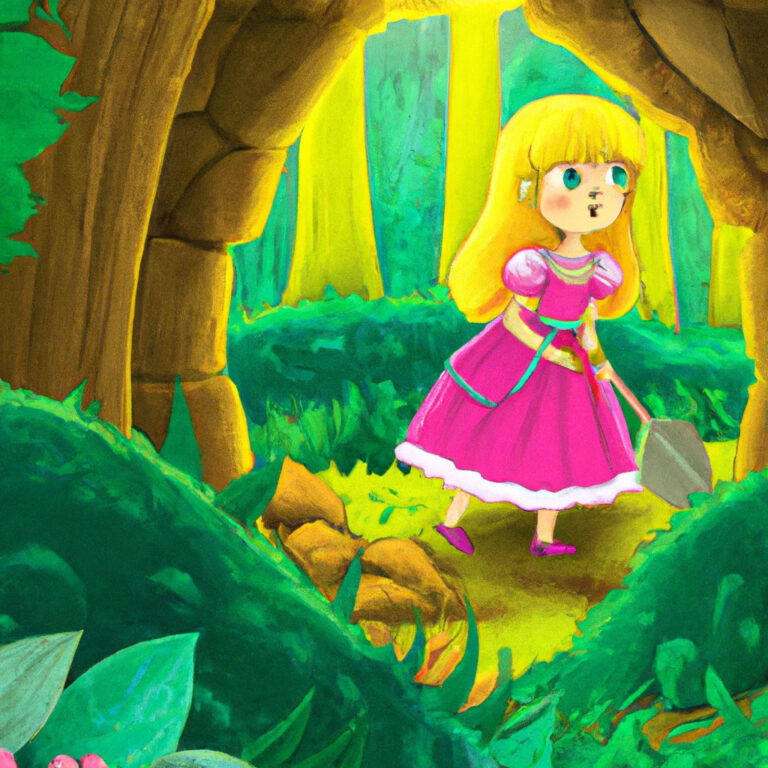 Prinzessin Emilia steht mutig vor einer geheimnisvollen Höhle im Wald.