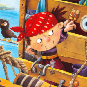Der kleine Pirat Wally steht stolz auf seinem Schiff.