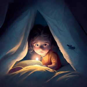 Das kleine Mädchen Lotta liegt im Bett und hat Angst im Dunkeln.