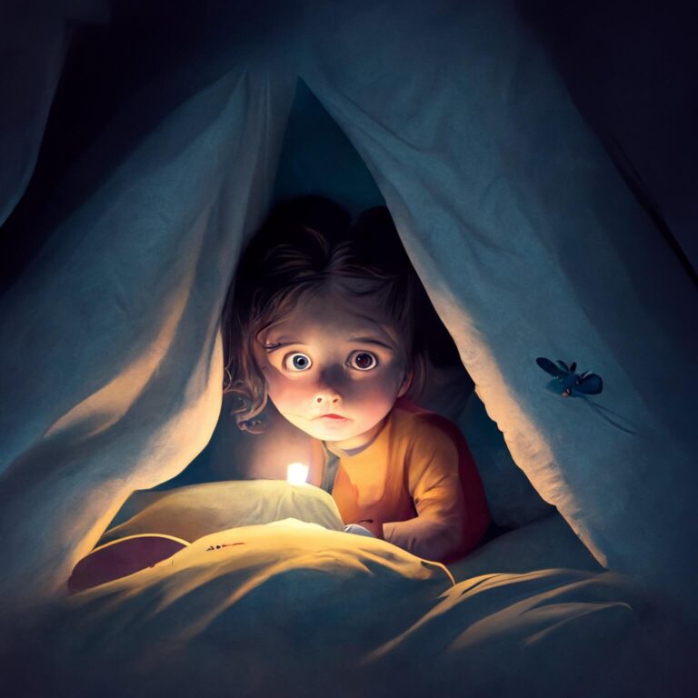 Das kleine Mädchen Lotta liegt im Bett und hat Angst im Dunkeln.