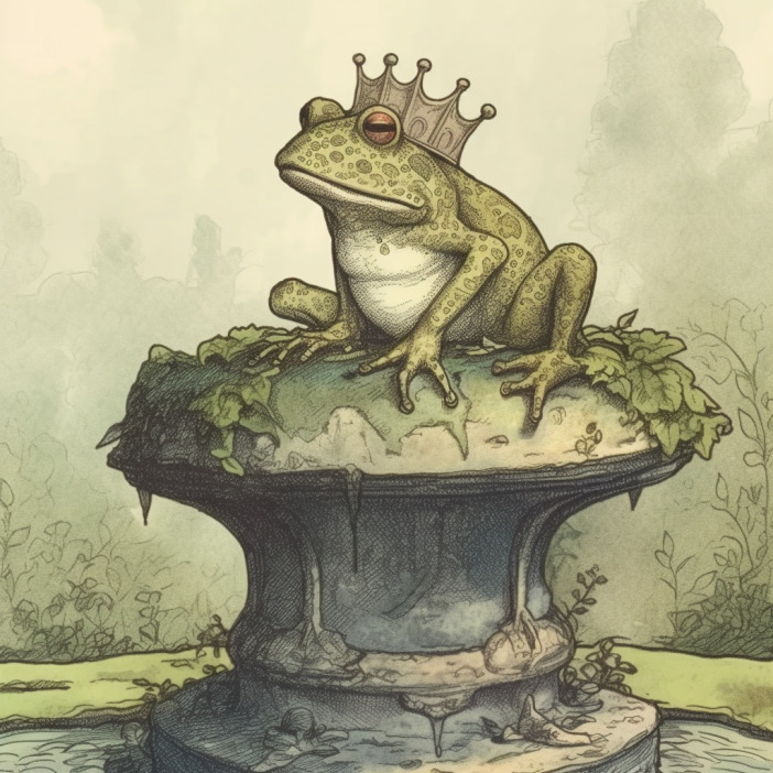 Der Froschkönig sitzt am Brunnenrand und hält die goldene Kugel. Grimms Märchen Illustration.
