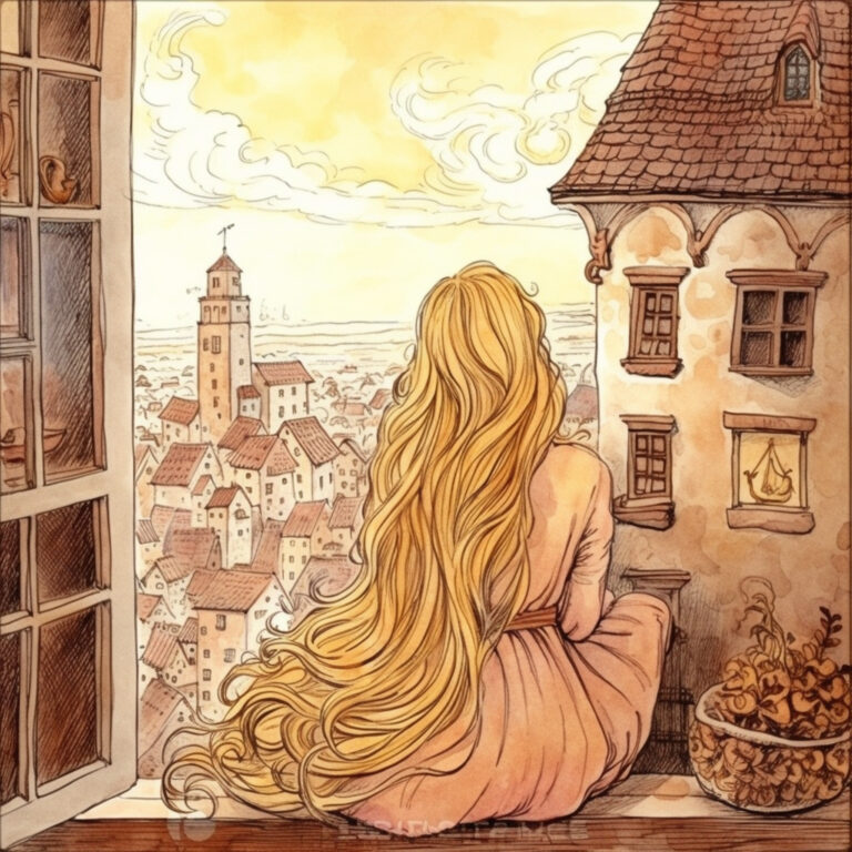 Rapunzel lässt ihr langes Haar vom Turm herab. Grimms Märchen Illustration.