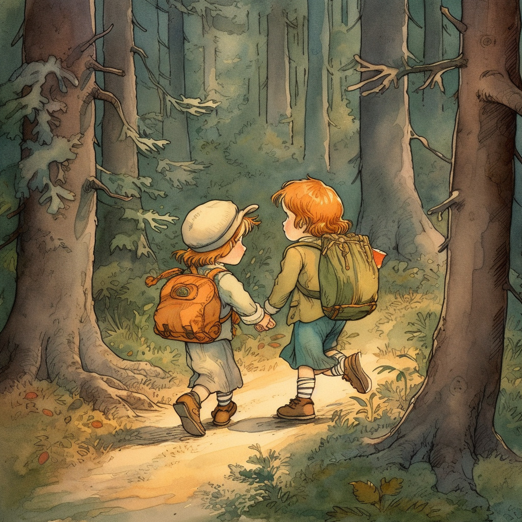 Hänsel und Gretel stehen vor dem Lebkuchenhaus der Hexe. Grimms Märchen Illustration.
