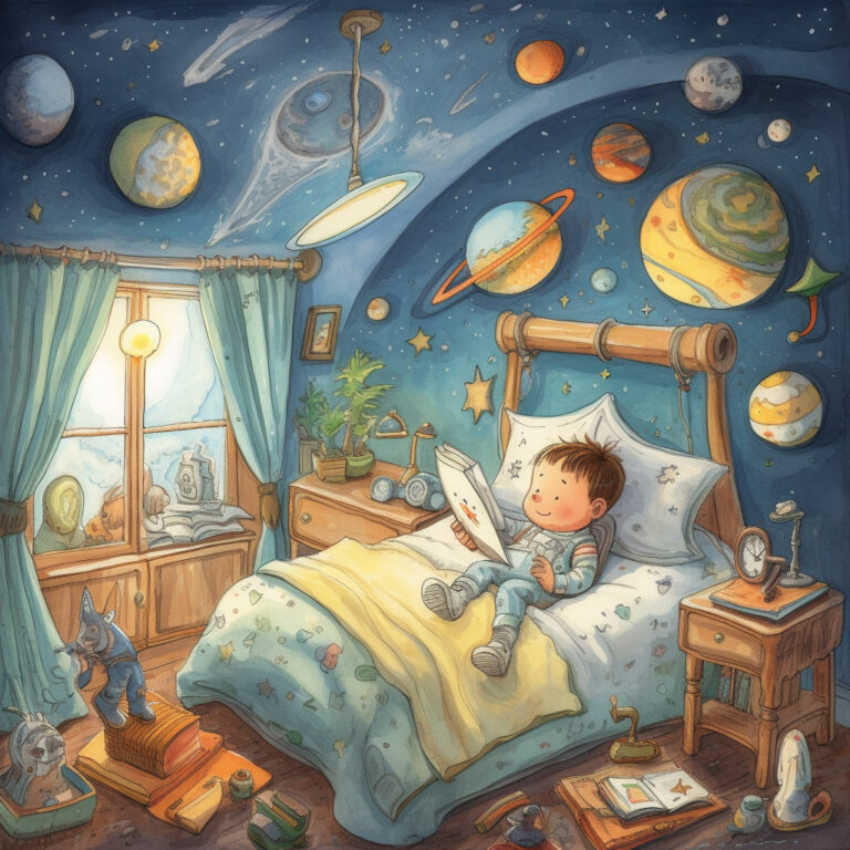 Tim der kleine Astronaut schwebt durch den Weltraum.