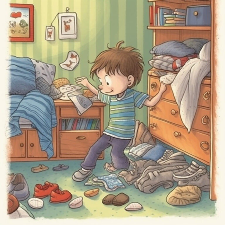 Ein kleiner Junge sucht verzweifelt seine zweite Socke im Kinderzimmer.