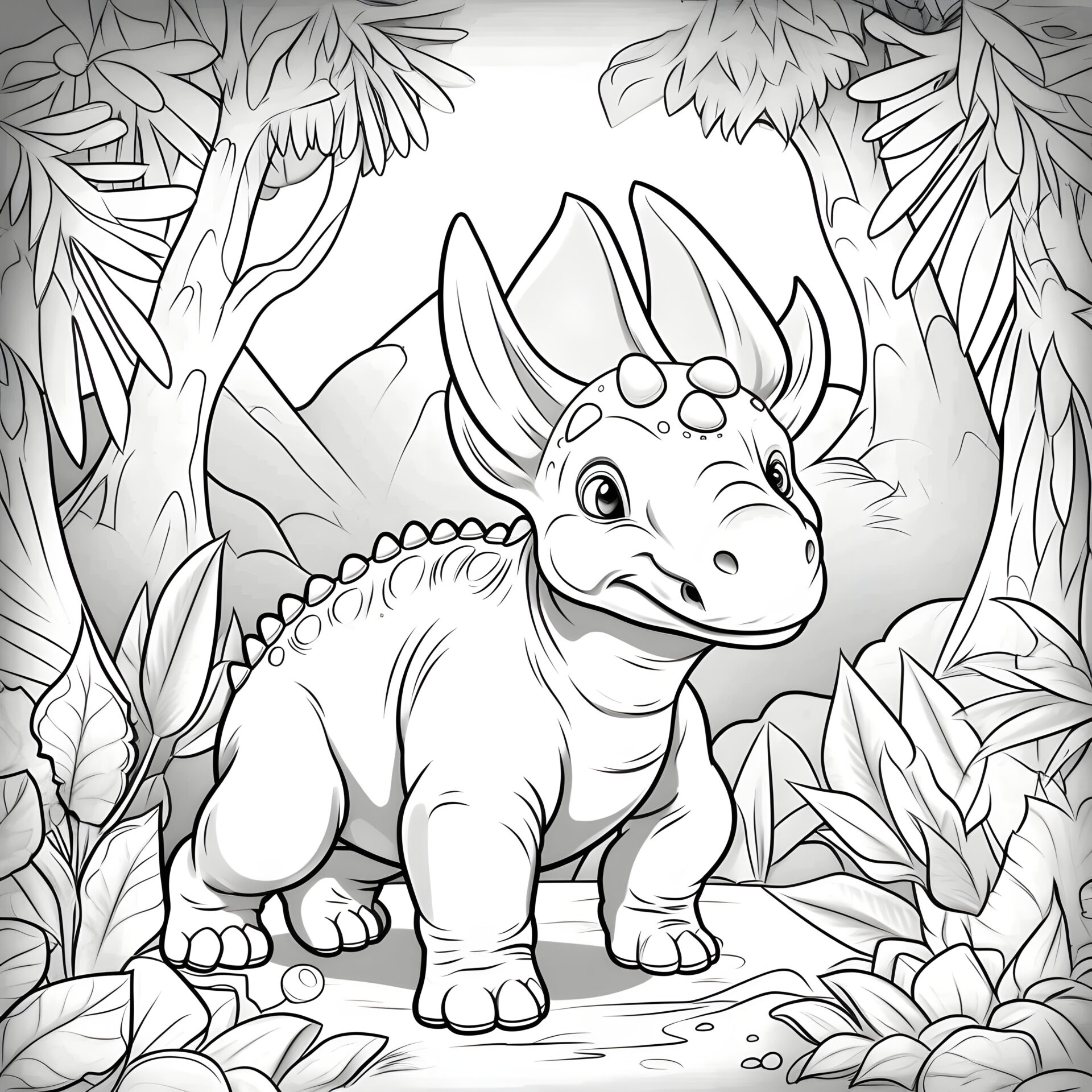 Ein einfacher Cartoon-Triceratops in einem Dschungel: Liebevolle Illustration für Kinder.