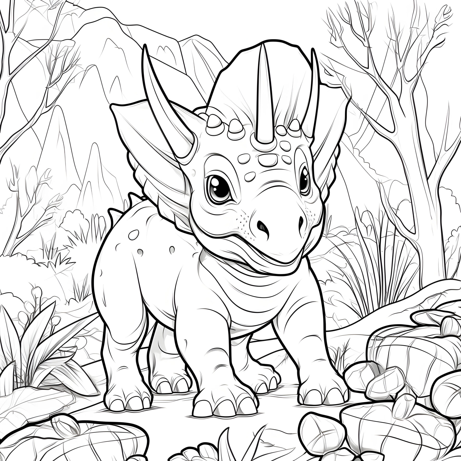 Ein Cartoon-Triceratops im Dschungel: Liebevolle Illustration für Kinder.