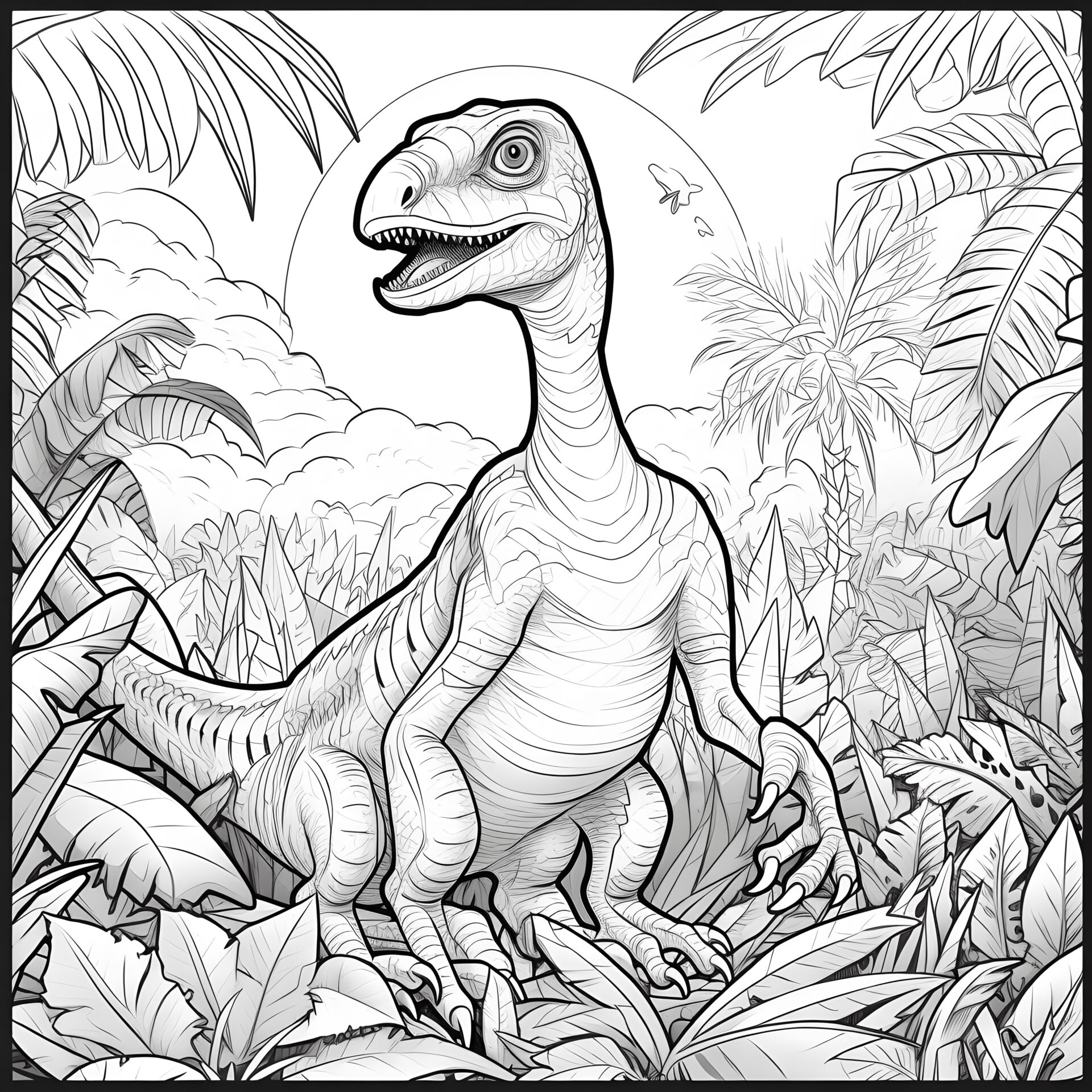 Ein einfacher Cartoon-Velociraptor in einem Dschungel: Liebevolle Illustration für Kinder.