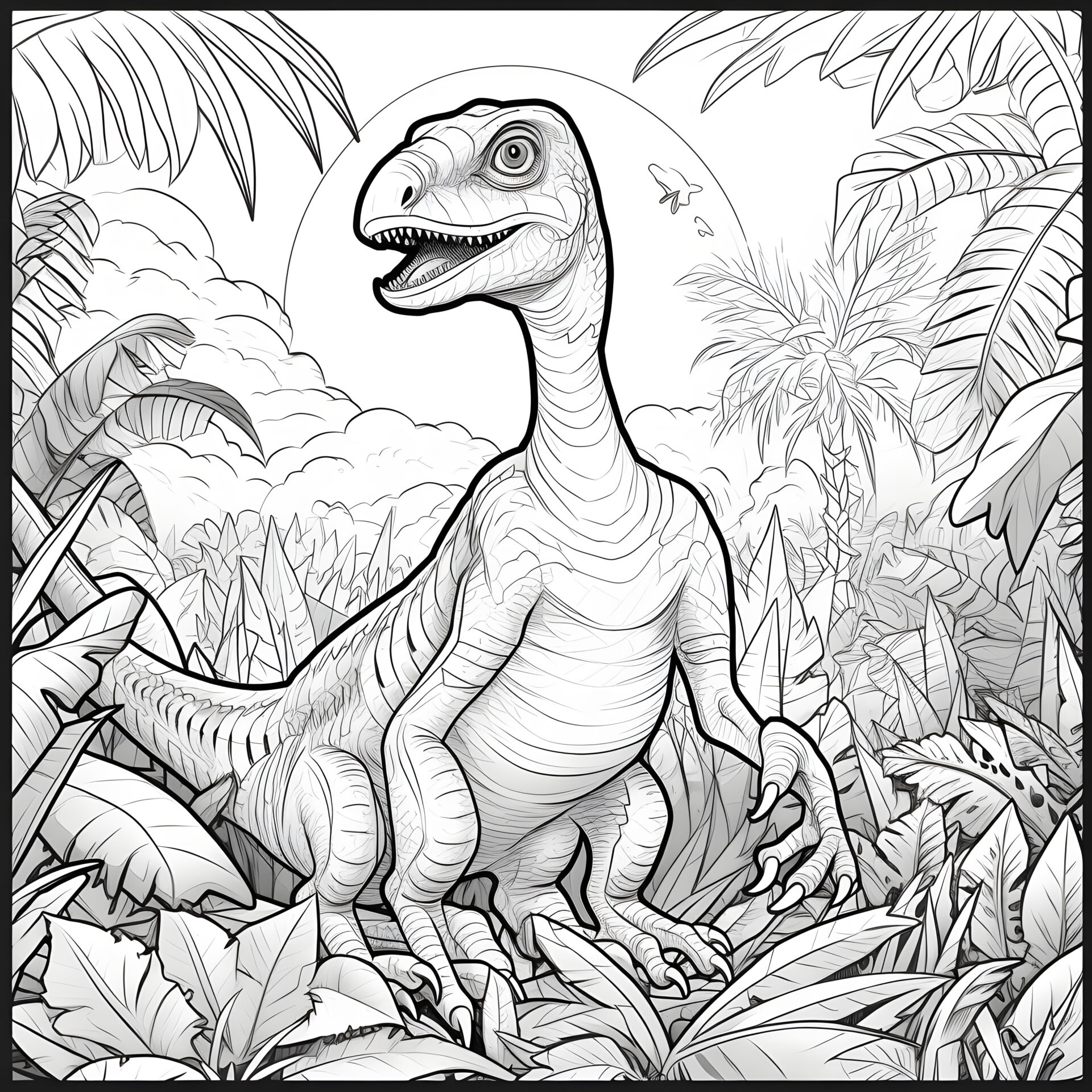 Ein einfacher Cartoon-Velociraptor in einem Dschungel: Liebevolle Illustration für Kinder.