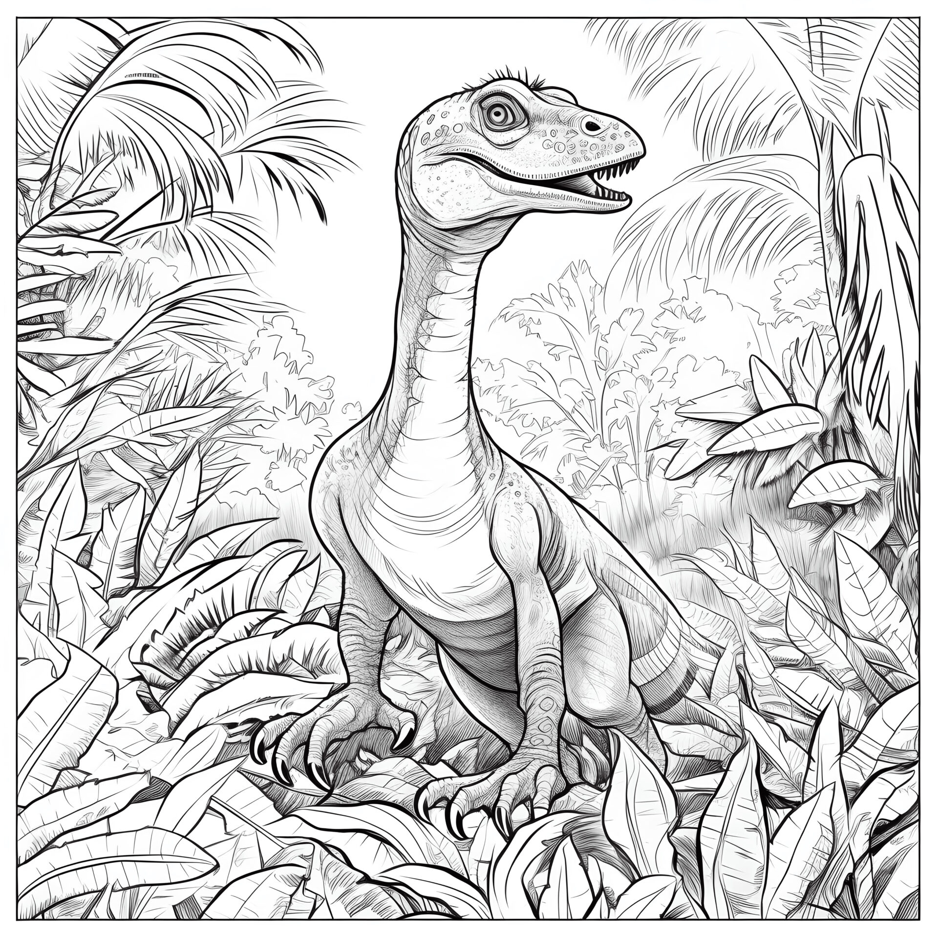 Ein einfacher Cartoon-Velociraptor in einem Dschungel: Liebevolle Illustration für Kinder.