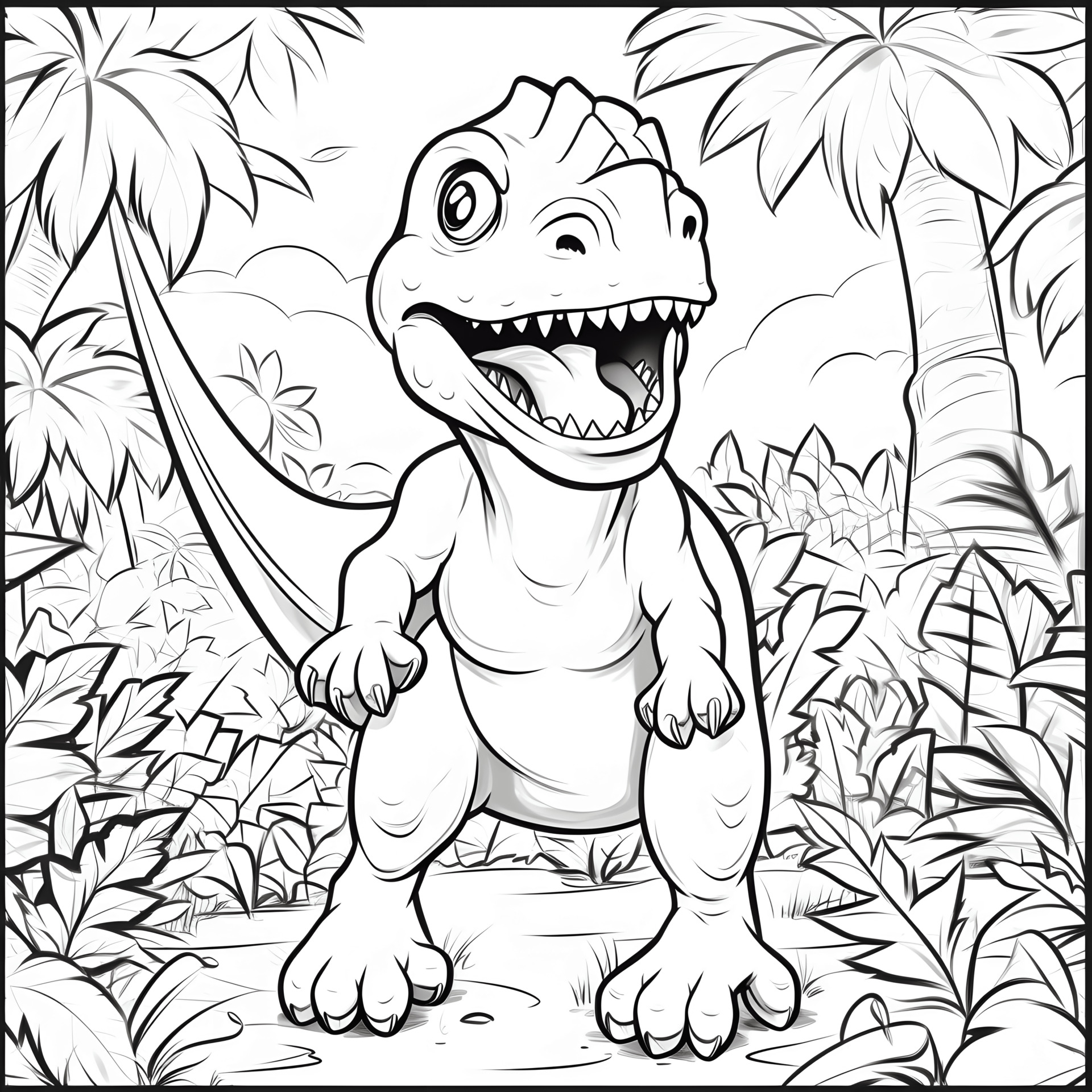 Ein einfacher Cartoon-T-Rex in einem Dschungel: Liebevolle Illustration für Kinder.