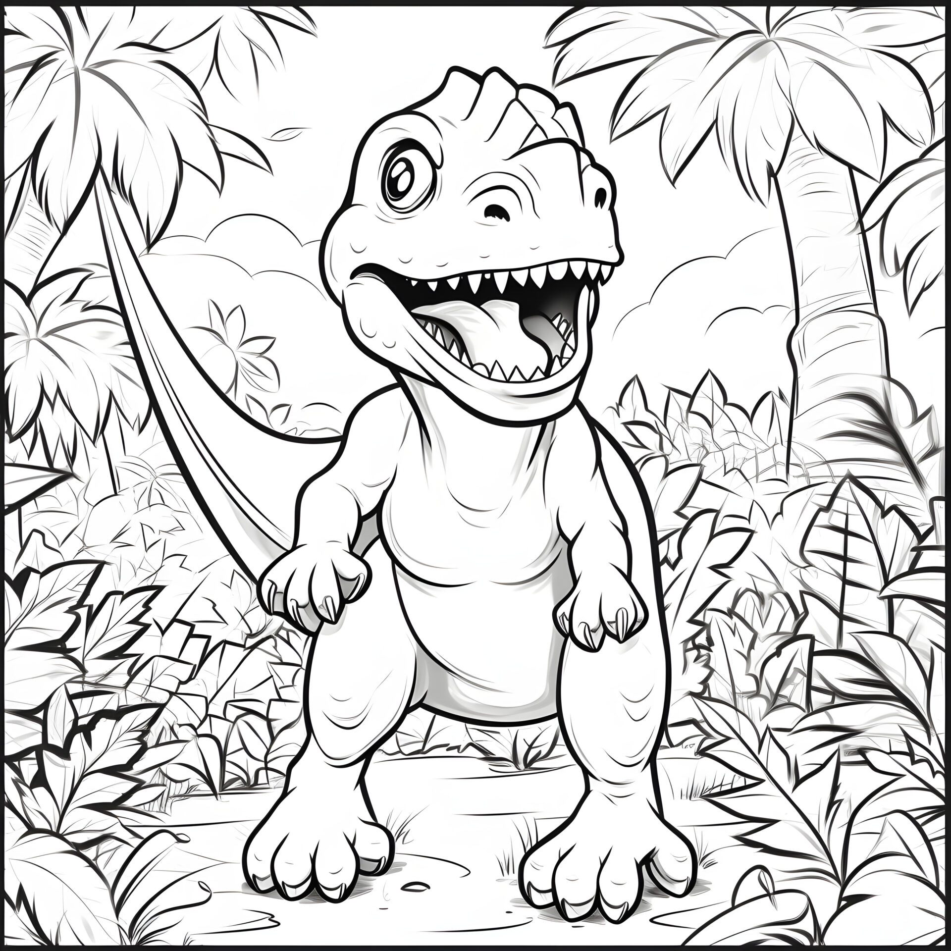 Ein einfacher Cartoon-T-Rex in einem Dschungel: Liebevolle Illustration für Kinder.