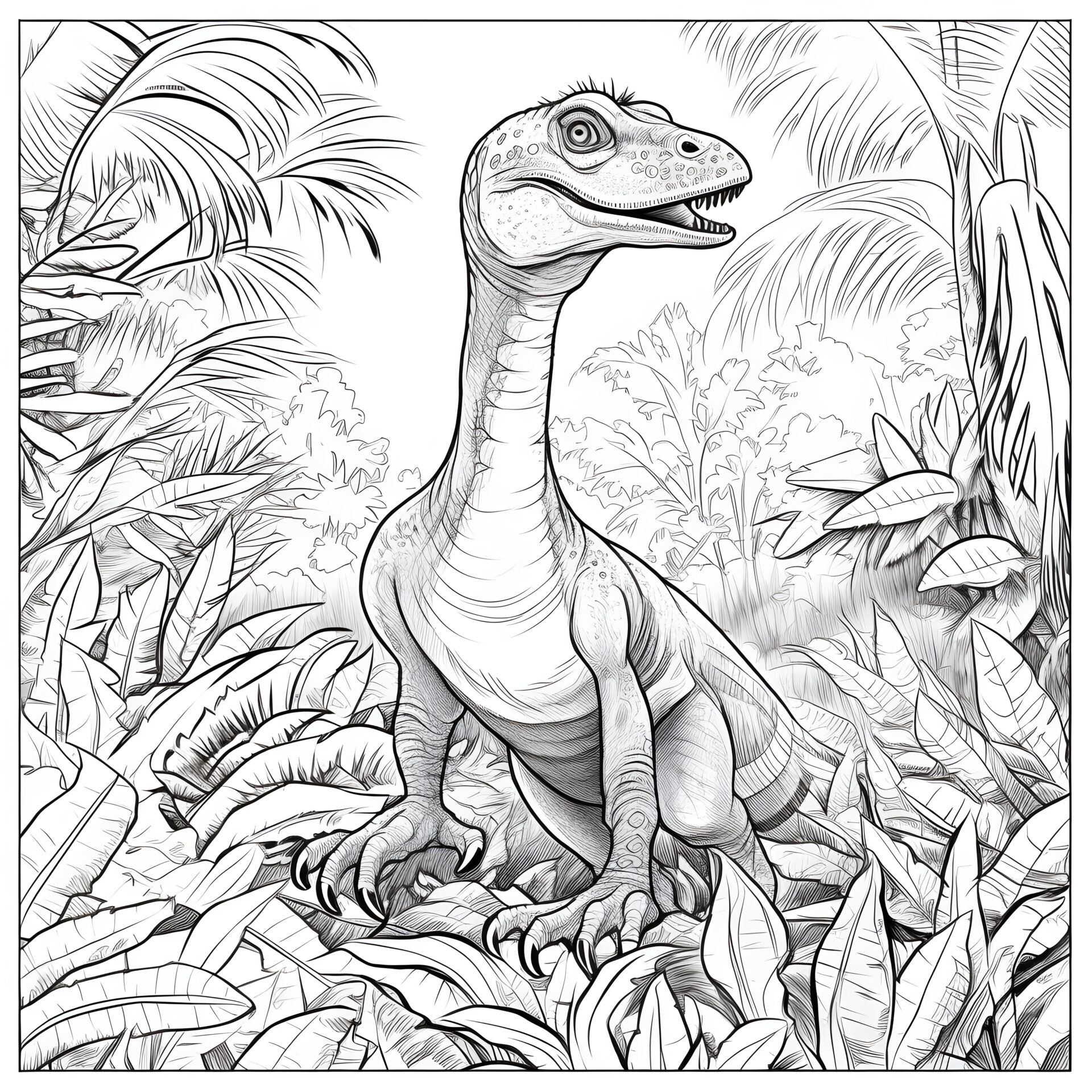 Ein Cartoon-Velociraptor in einem Dschungel: Liebevolle Illustration für Kinder.