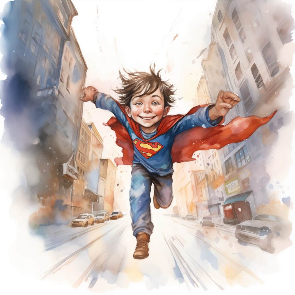 Max‘ zauberhaftes Superhelden-Kostüm: Liebevolle Illustration für Kinder.