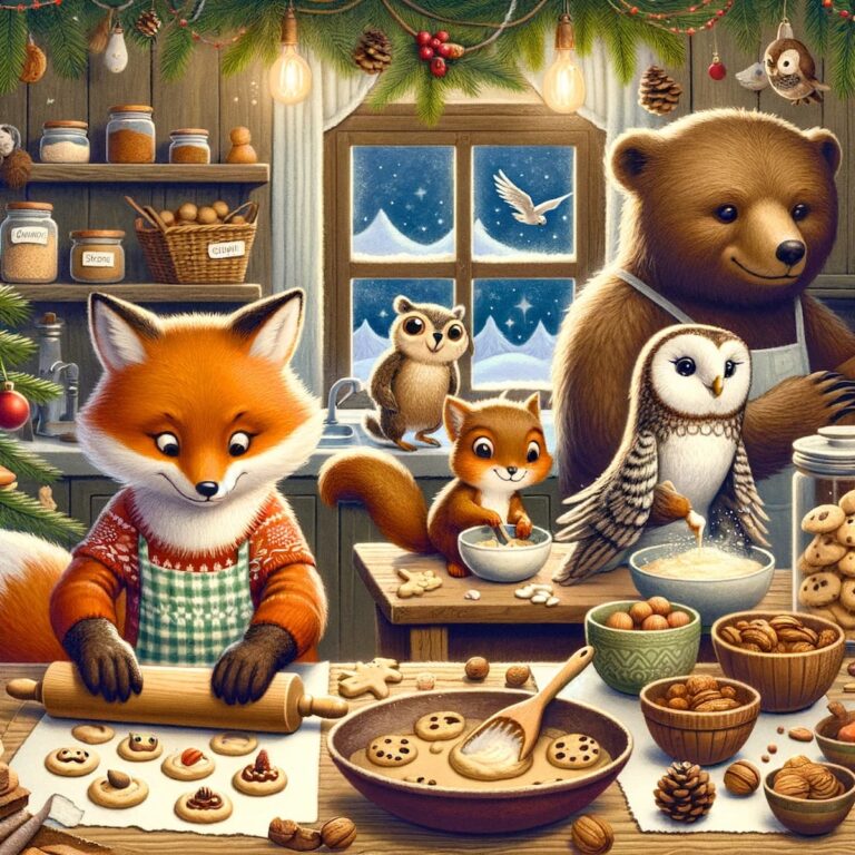 Verschiedene Tiere backen gemeinsam Plätzchen in der Weihnachtsbäckerei.