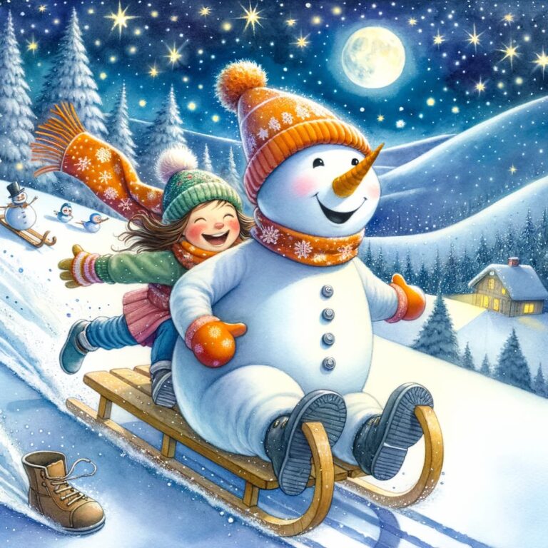 Schneemann Gustav mit Schal und Mütze steht im Winterwald.