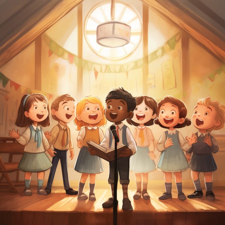 Kinder singen in einer Aula