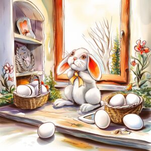 Hoppel der Hase ist traurig. Er sitzt vor unbemalten Eiern.