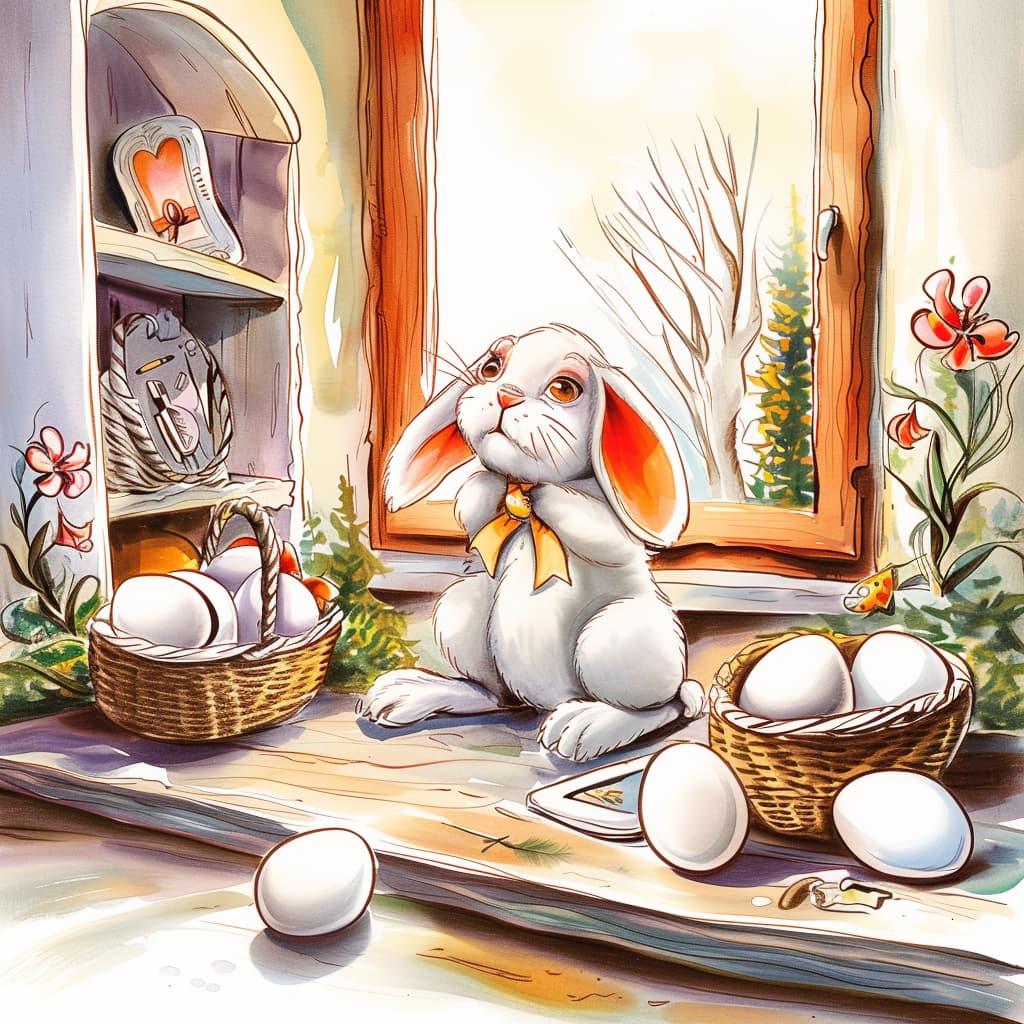 Hoppel der Hase ist traurig. Er sitzt vor unbemalten Eiern.