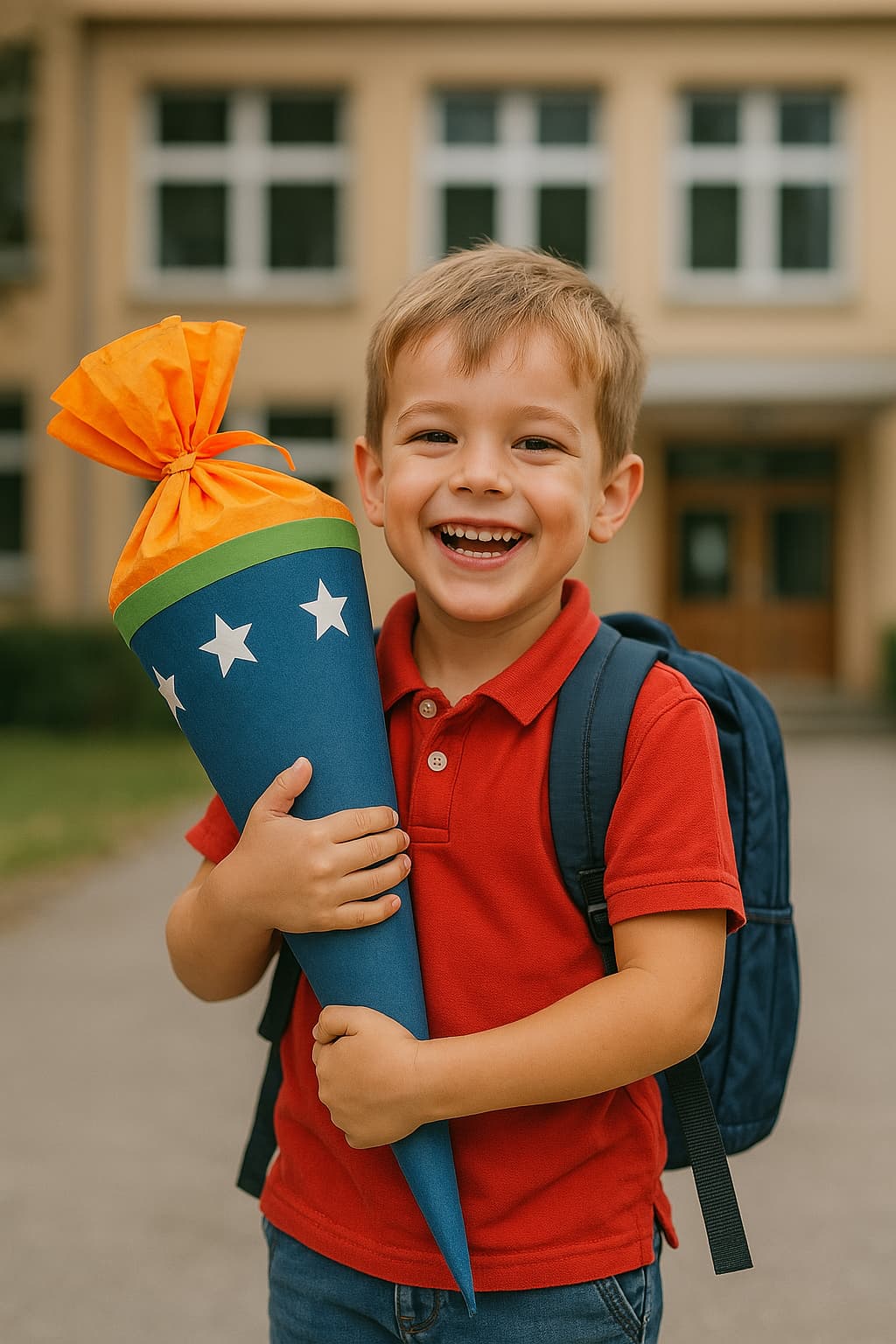 Einschulung 1 Ein lachender Junge am Tag der Einschulung vor seiner Schule mit Schultüte