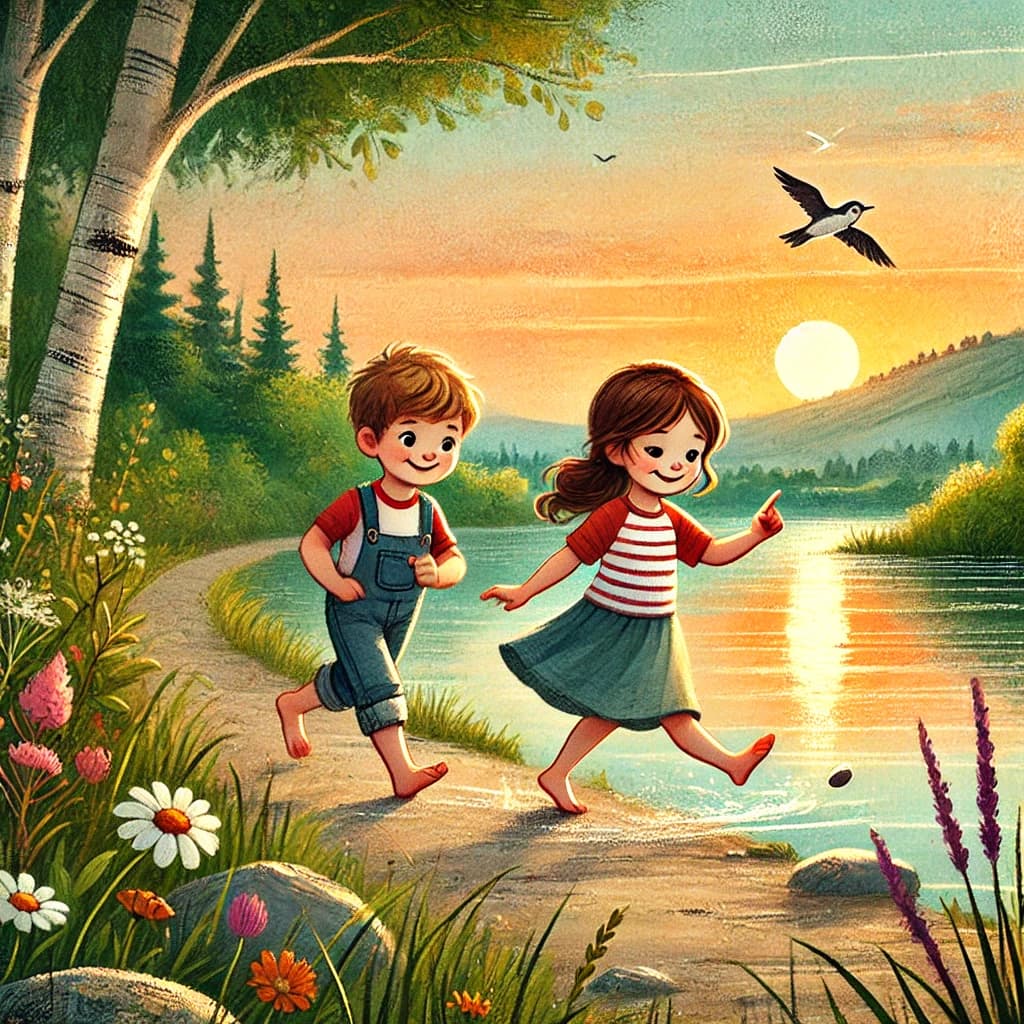 Zwei Kinder spielen fröhlich an einem Bachlauf im Wald.